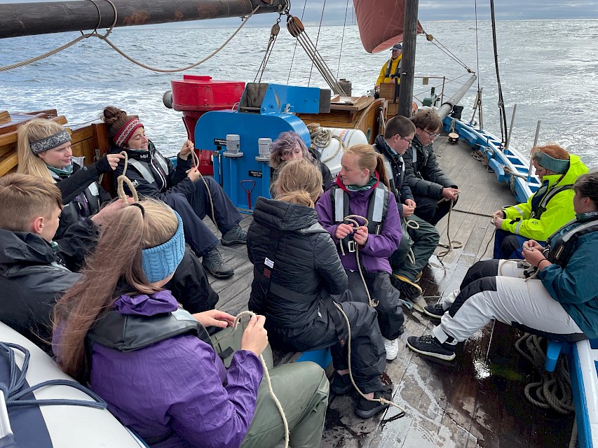 Sail Training Shetland Youth Trainees learning to tie knots